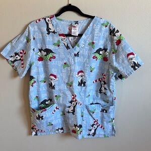 Warner Bros Size M Scrub Top Christmas Theme